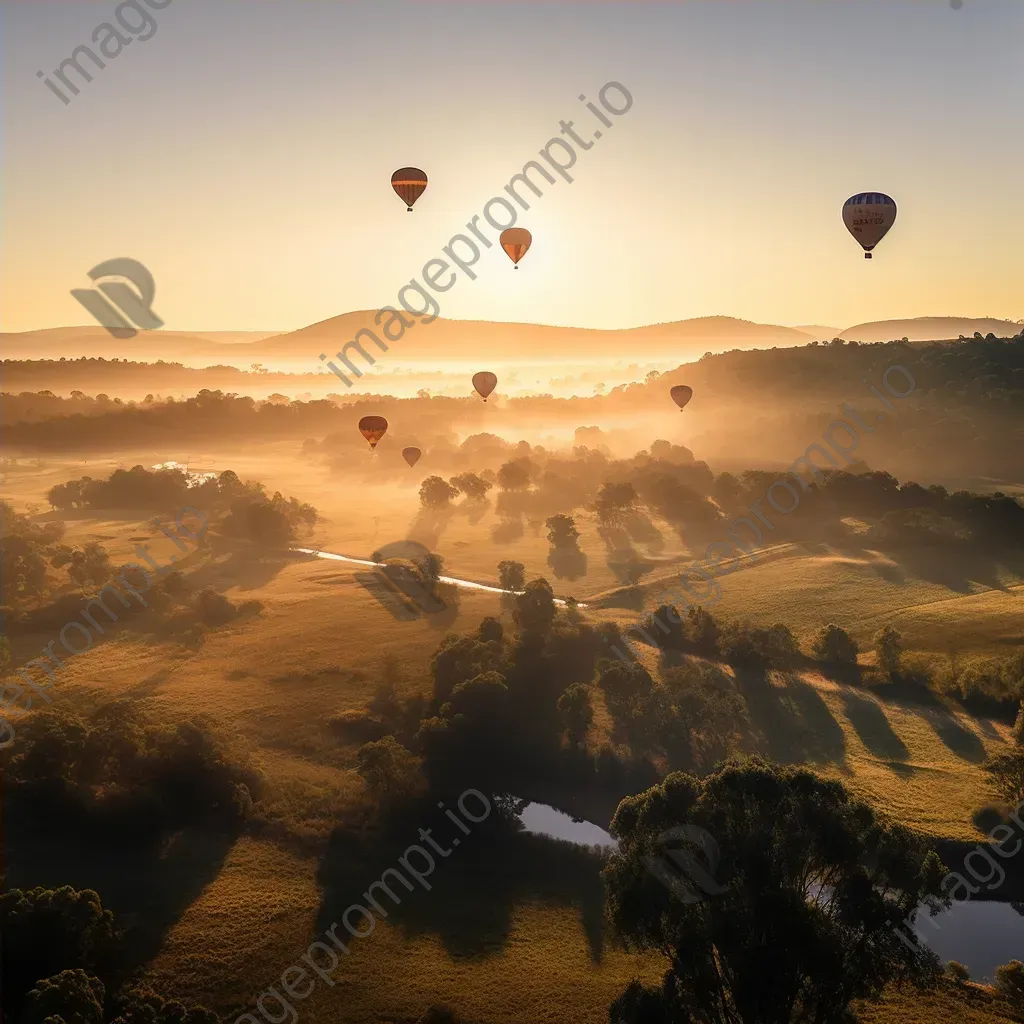 Hot air balloons floating over a green valley during sunset - Image 4