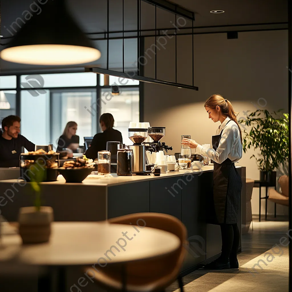 Barista preparing drinks at a stylish office coffee station - Image 1