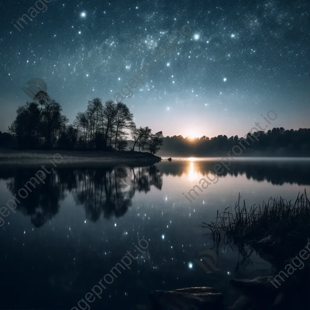 Cygnus constellation reflected in lake at night - Image 1