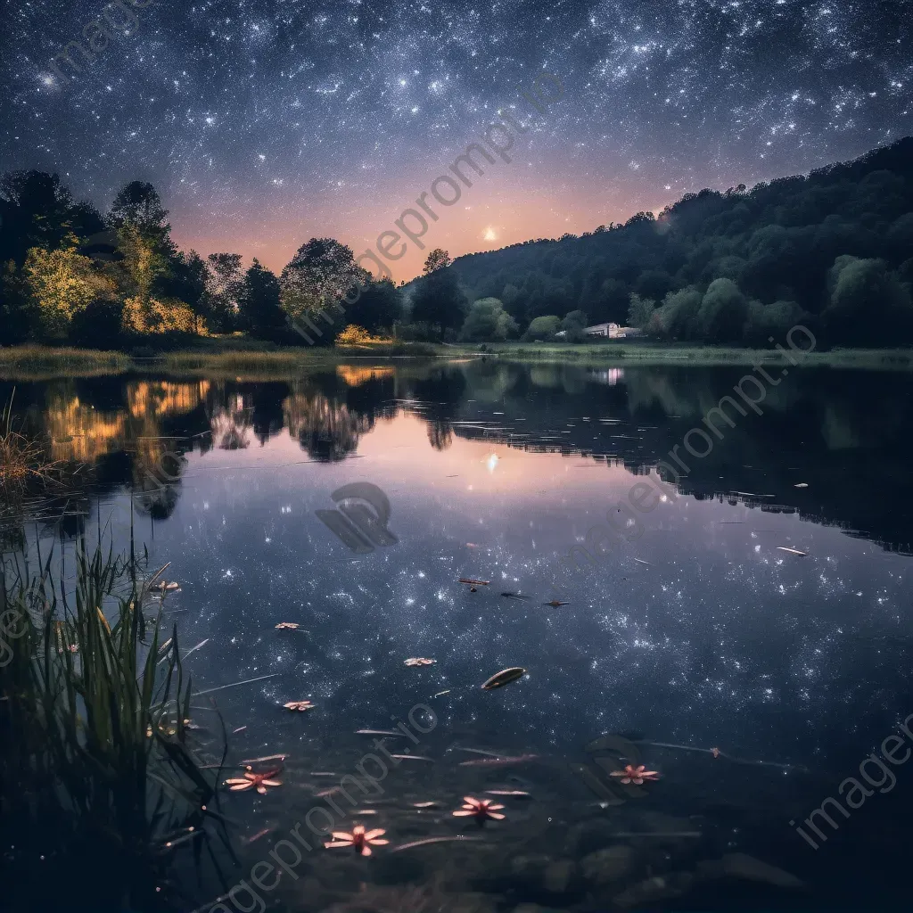 Cygnus constellation reflected in lake at night - Image 2