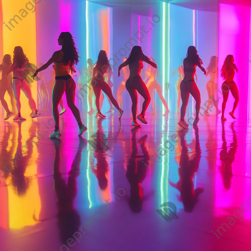 Diverse group performing synchronized dance aerobics in a colorful studio with mirrors. - Image 1