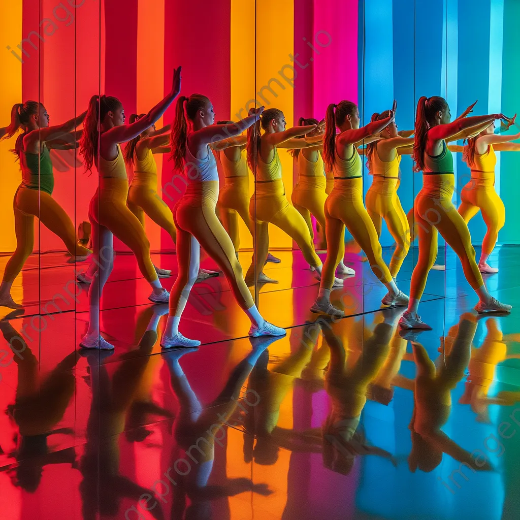 Diverse group performing synchronized dance aerobics in a colorful studio with mirrors. - Image 2