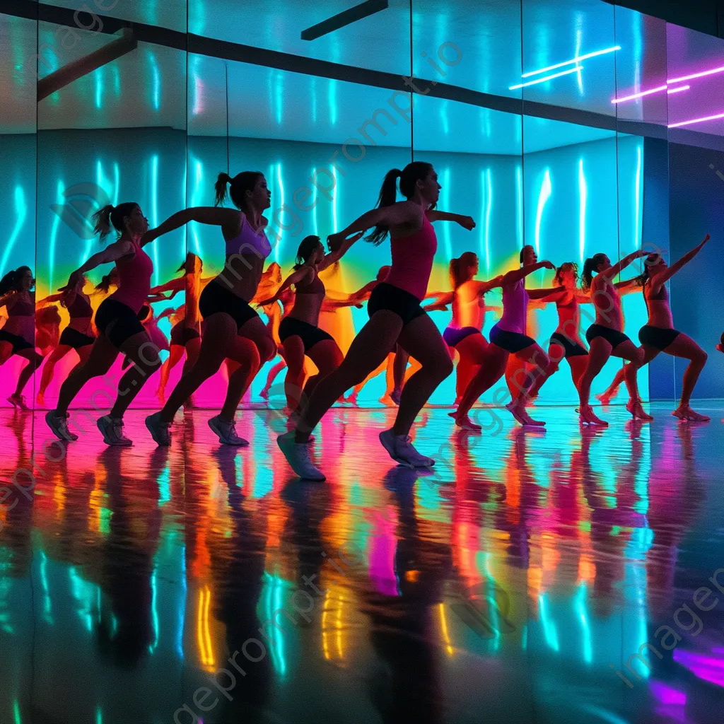 Diverse group performing synchronized dance aerobics in a colorful studio with mirrors. - Image 3