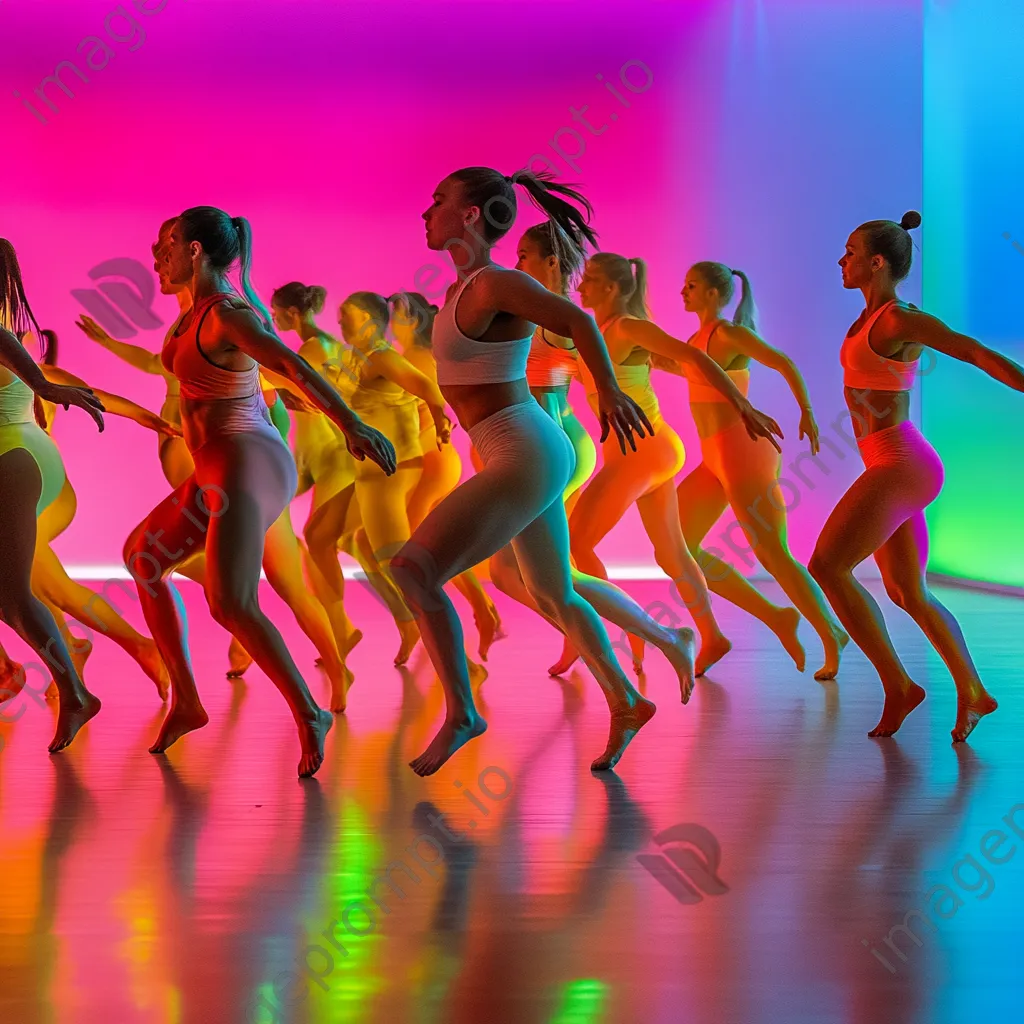 Diverse group performing synchronized dance aerobics in a colorful studio with mirrors. - Image 4