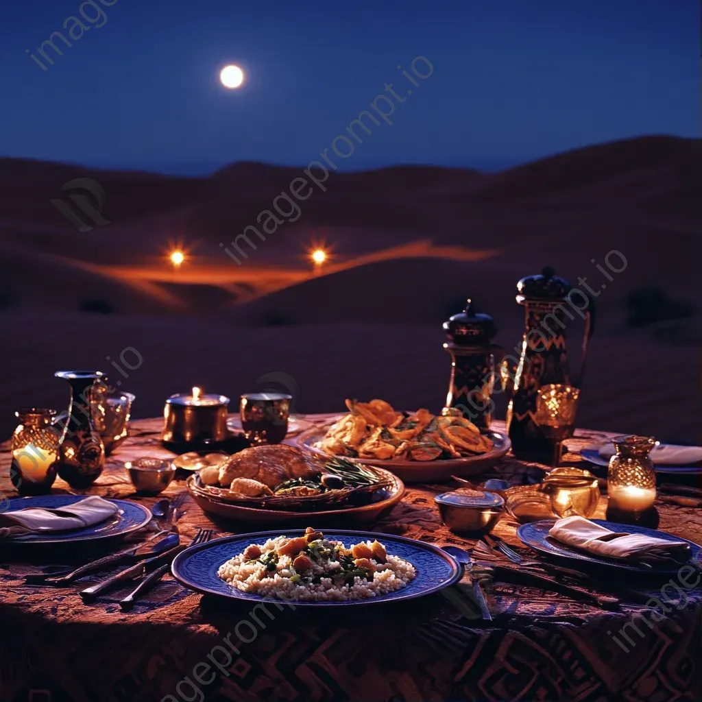 Lavish moonlit dinner spread in the Sahara desert with tagines and couscous - Image 1