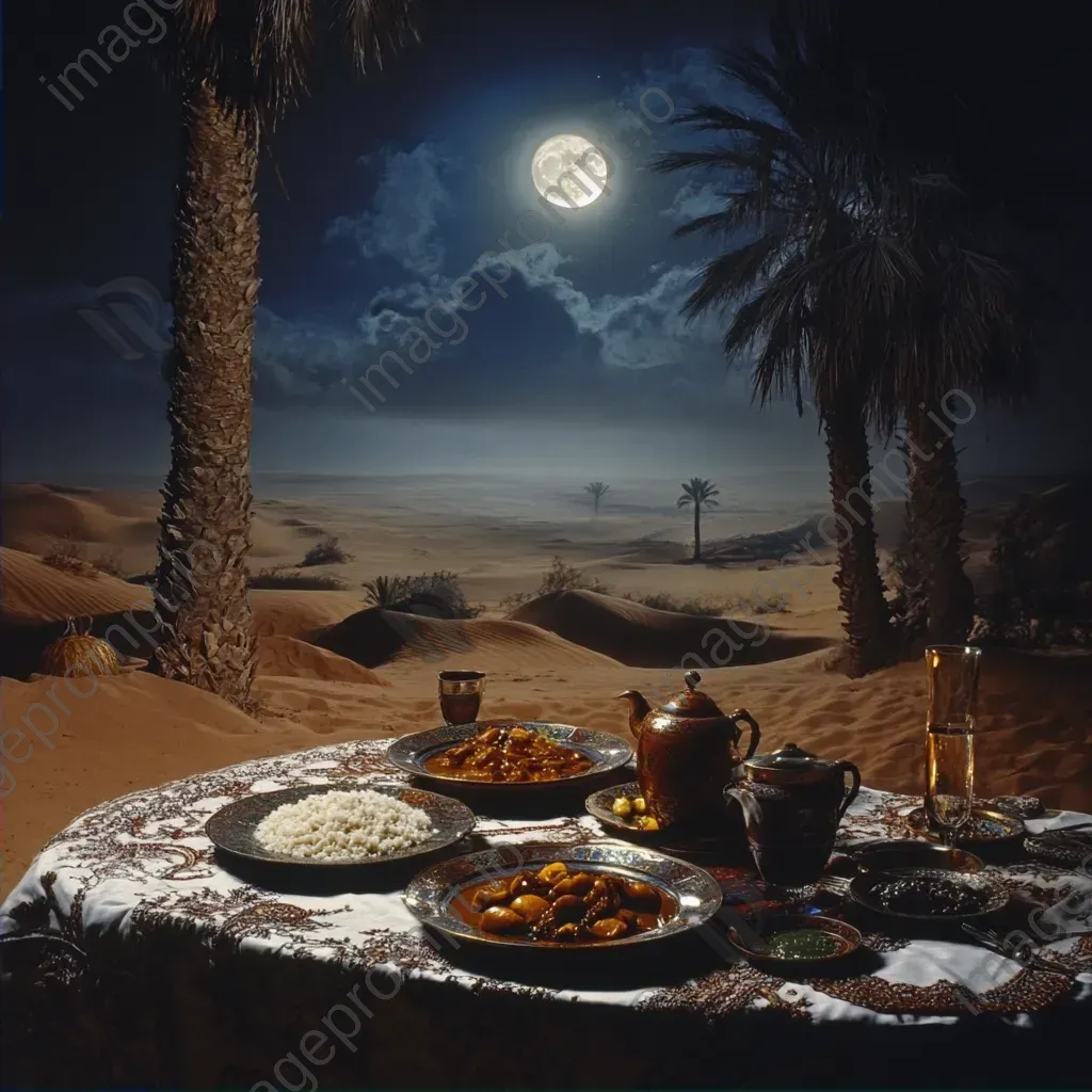 Lavish moonlit dinner spread in the Sahara desert with tagines and couscous - Image 2