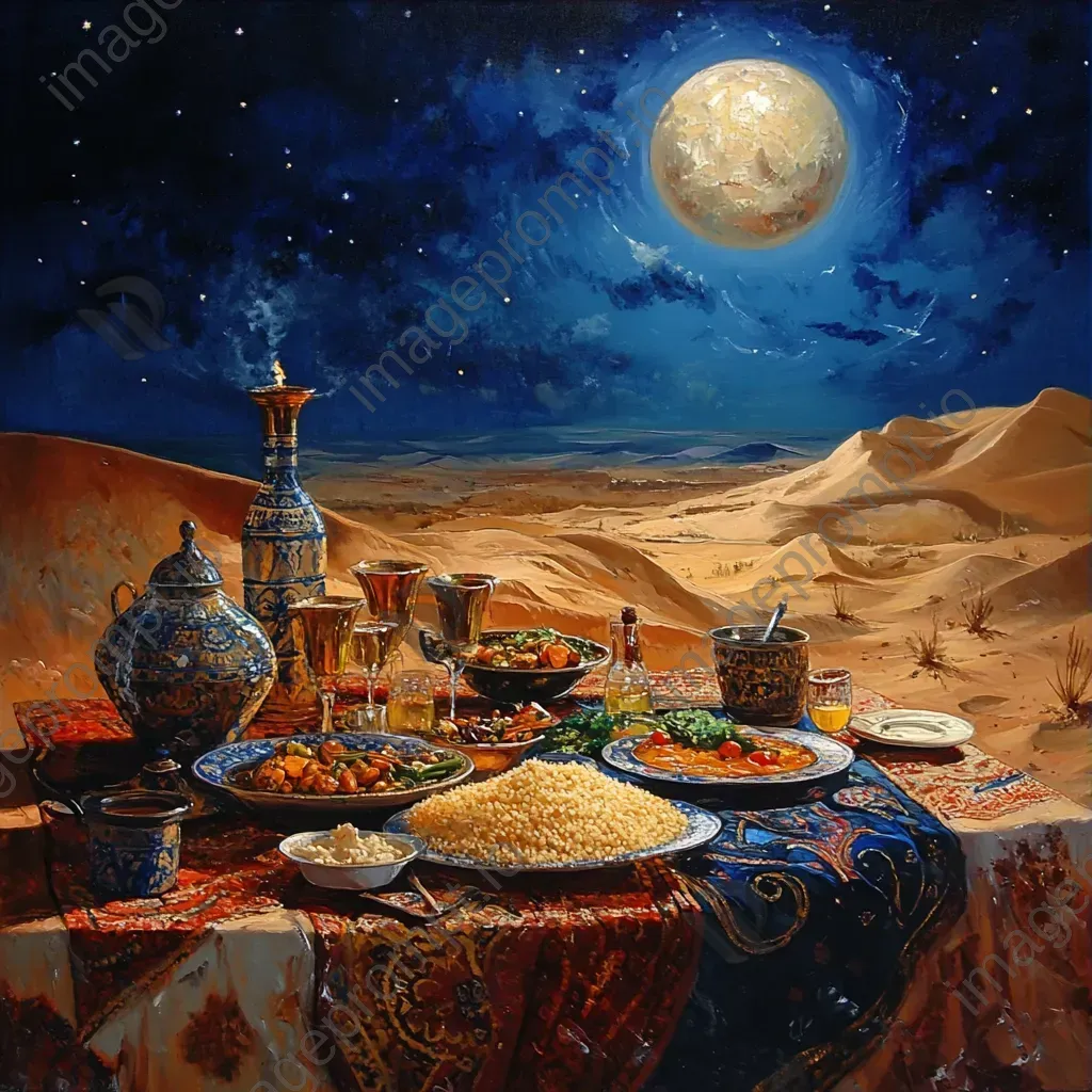 Lavish moonlit dinner spread in the Sahara desert with tagines and couscous - Image 3