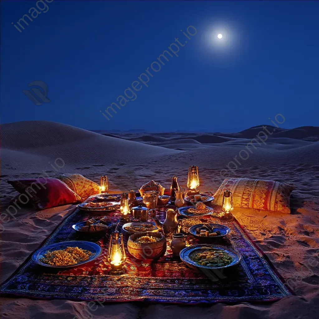 Lavish moonlit dinner spread in the Sahara desert with tagines and couscous - Image 4