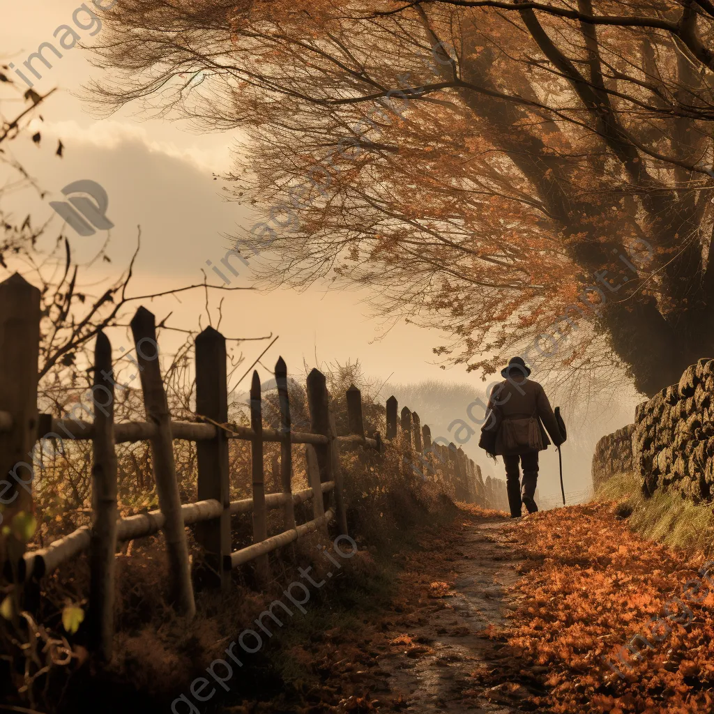 Shepherd walking along a fence-lined path with autumn foliage - Image 2