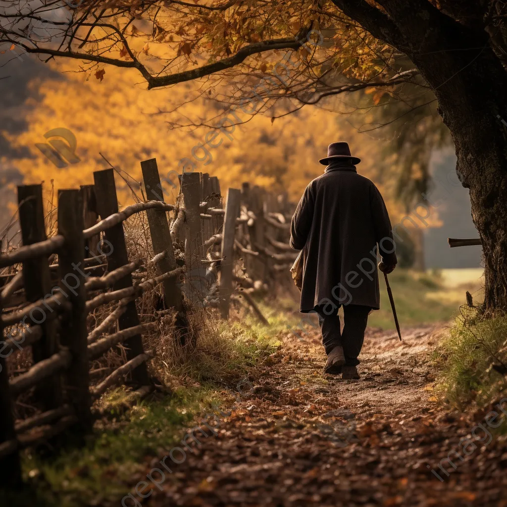 Shepherd walking along a fence-lined path with autumn foliage - Image 3