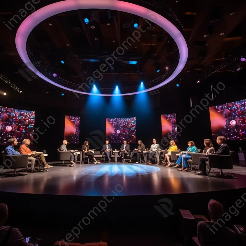 Diverse experts on a panel discussing in an auditorium - Image 3