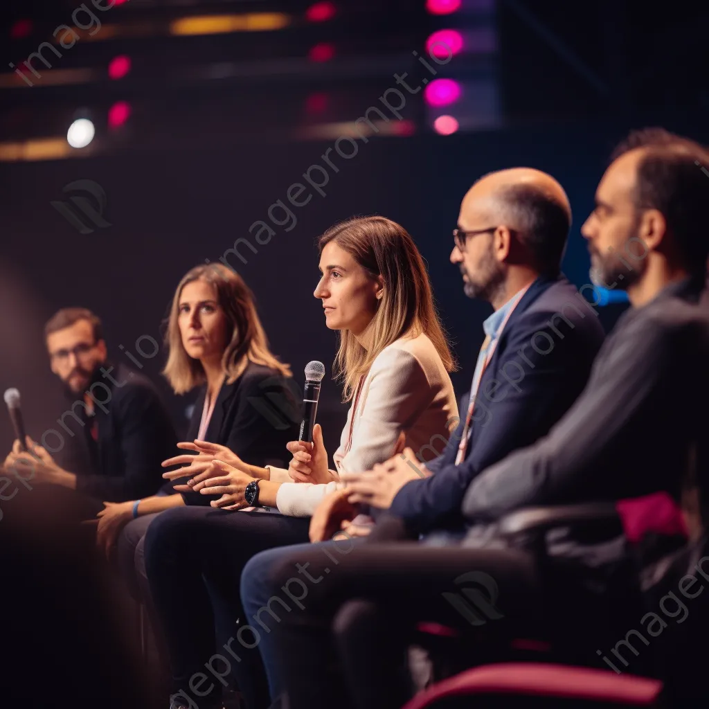 Diverse experts on a panel discussing in an auditorium - Image 4