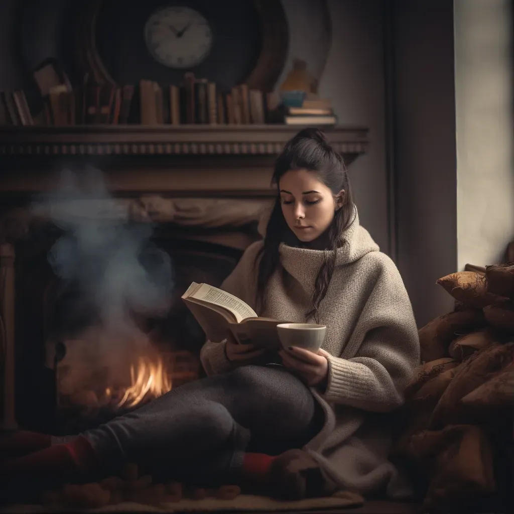 Book lover reading near a fireplace on a rainy day. - Image 1