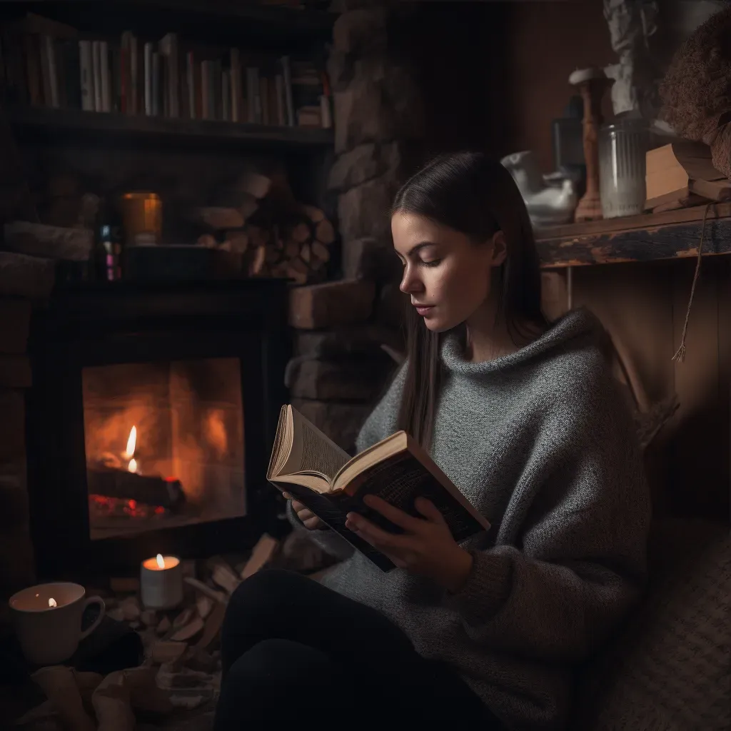 Book lover reading near a fireplace on a rainy day. - Image 3