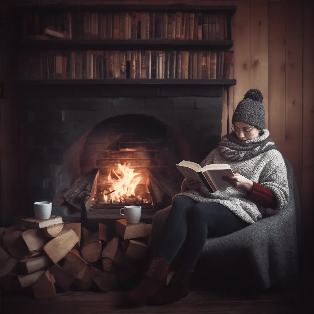 Book lover reading near a fireplace on a rainy day. - Image 4