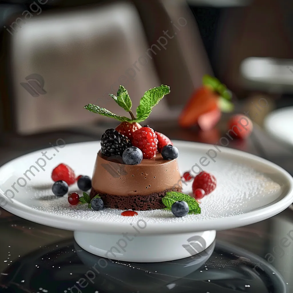 A plate of vegan chocolate mousse garnished with berries on a white stand. - Image 2