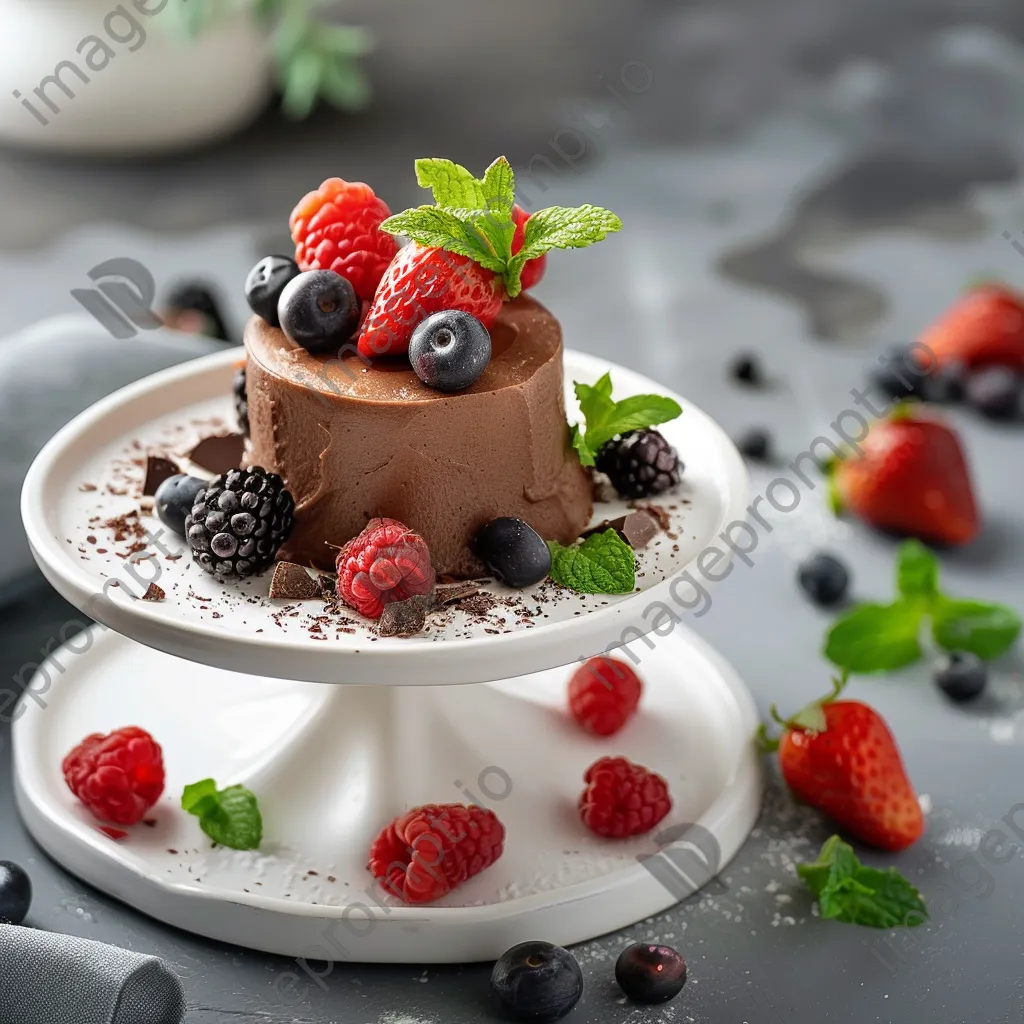 A plate of vegan chocolate mousse garnished with berries on a white stand. - Image 3