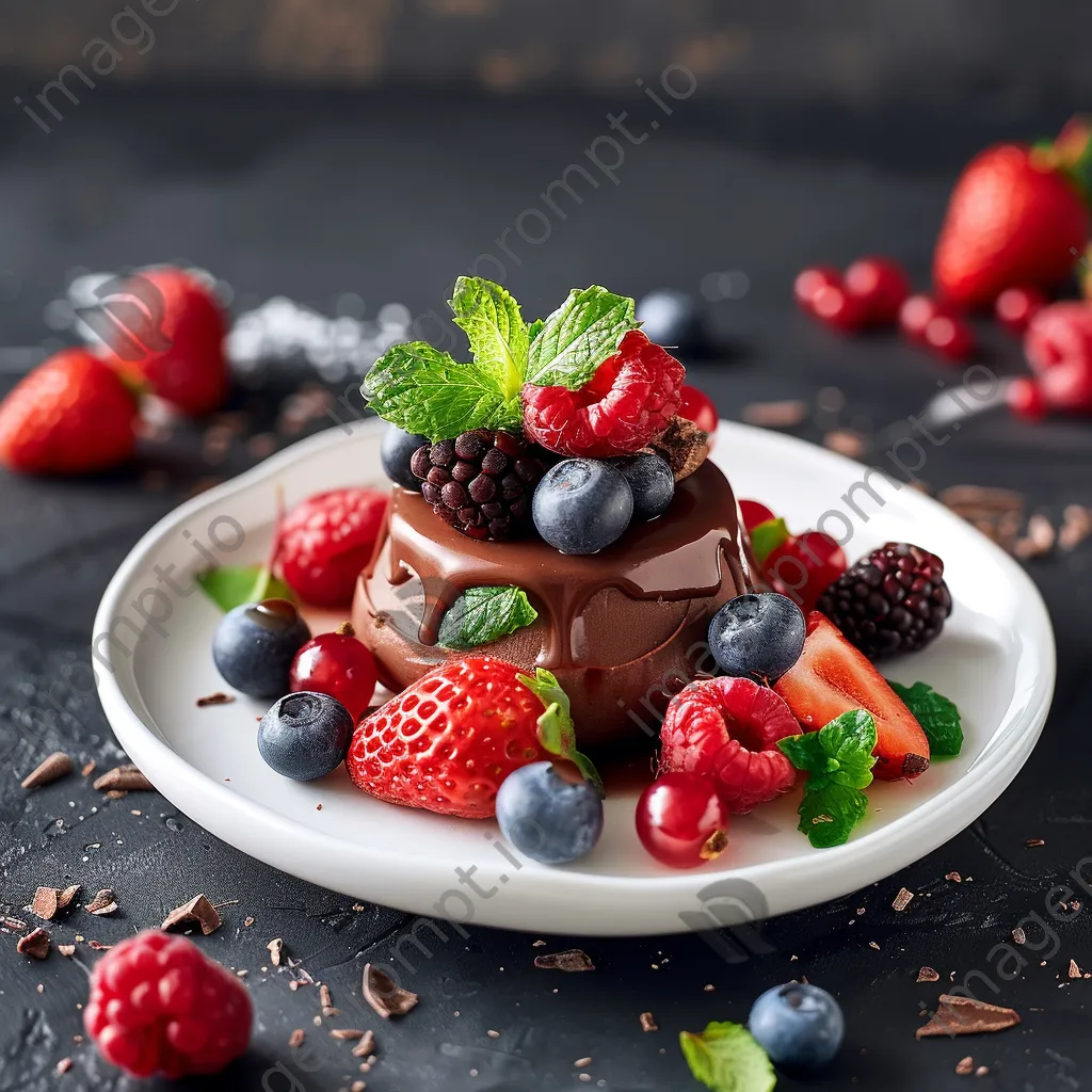 A plate of vegan chocolate mousse garnished with berries on a white stand. - Image 4