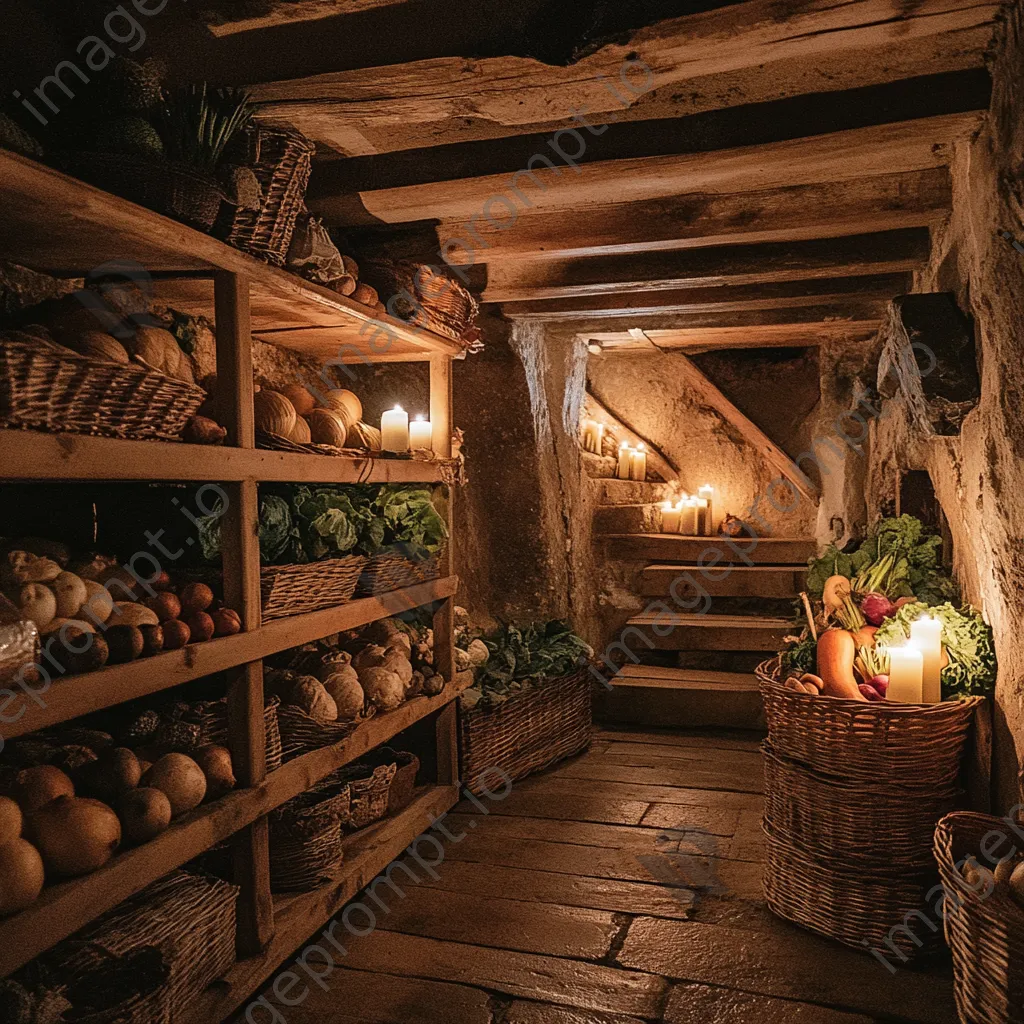 Interior view of a historic root cellar with candlelight and vegetables. - Image 1