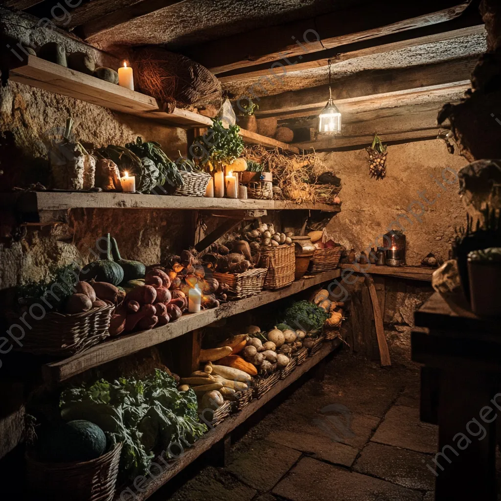 Interior view of a historic root cellar with candlelight and vegetables. - Image 2