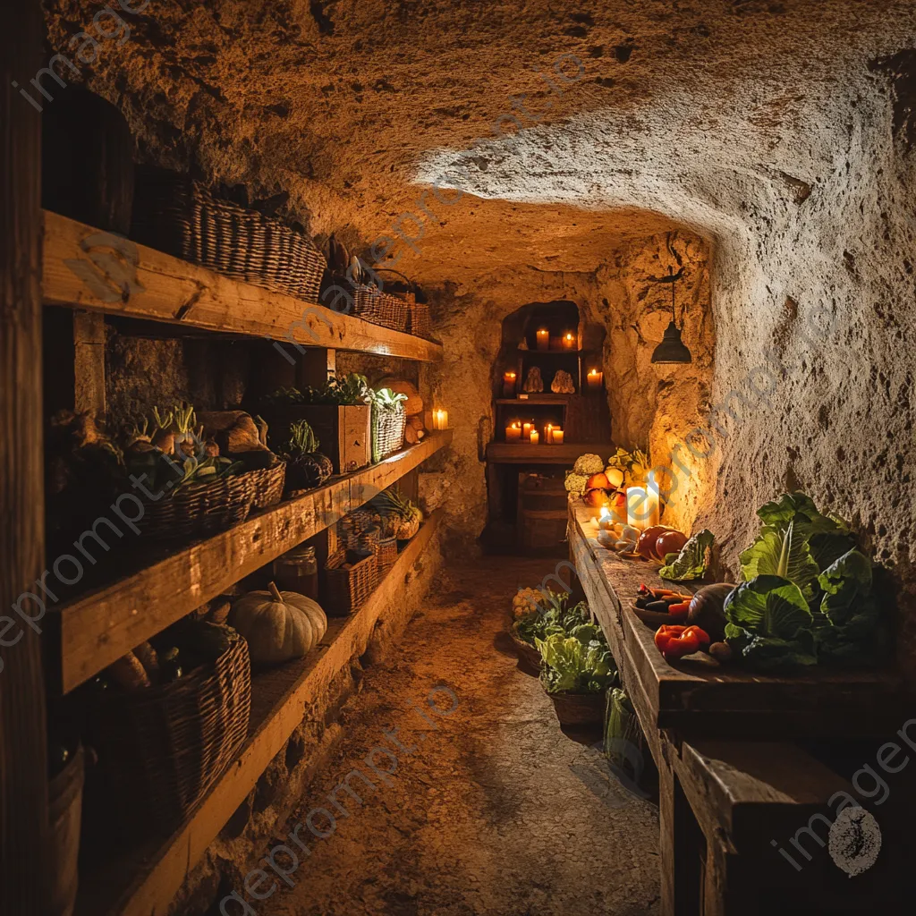 Interior view of a historic root cellar with candlelight and vegetables. - Image 3