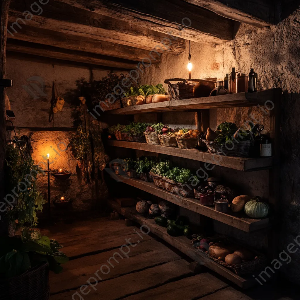 Interior view of a historic root cellar with candlelight and vegetables. - Image 4