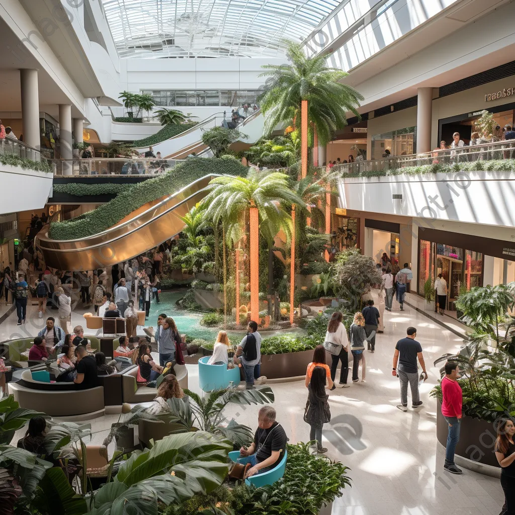 Lively mall atrium filled with shoppers and colorful decor. - Image 1