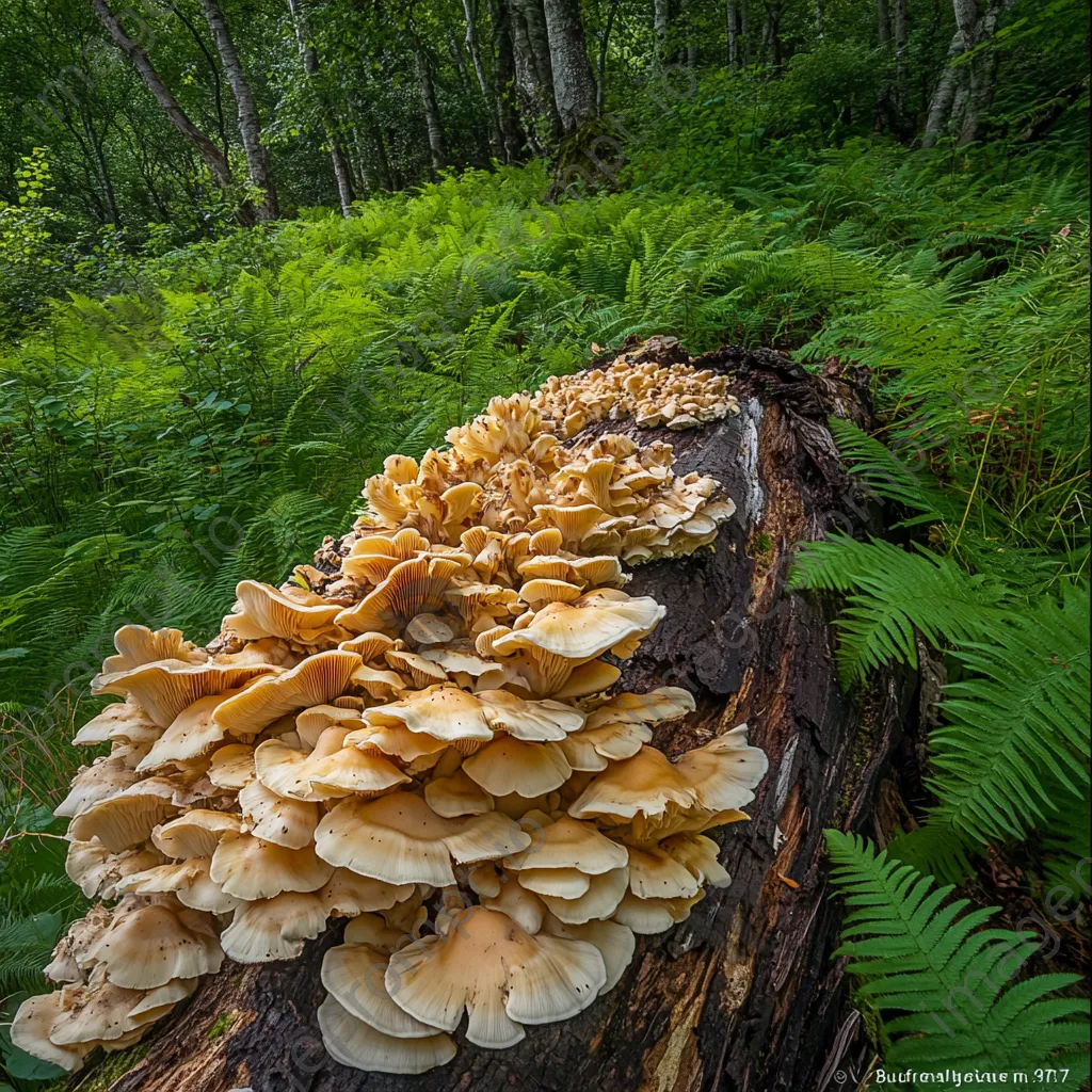 Mushrooms sprouting from a fallen tree trunk - Image 1