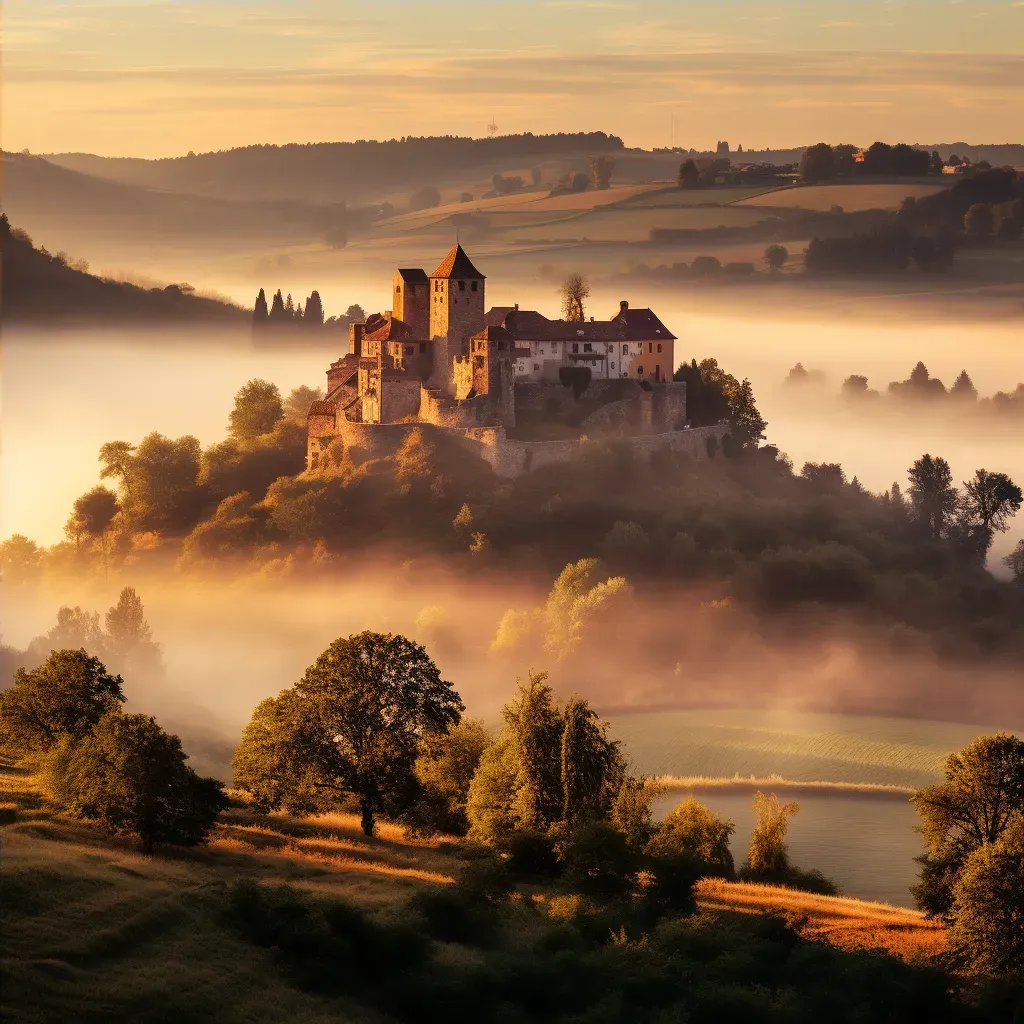 Medieval castle on a hill in the misty morning light - Image 4