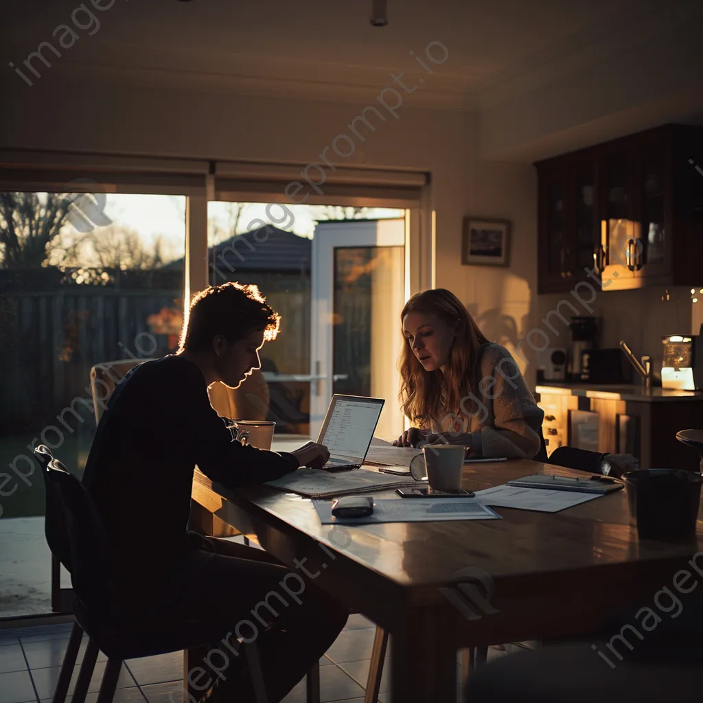 Couple discussing budget with laptop and papers in kitchen - Image 1