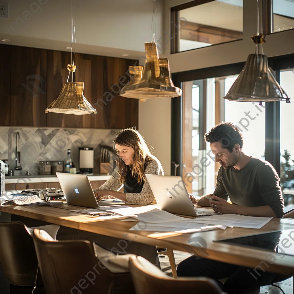 Couple discussing budget with laptop and papers in kitchen - Image 2