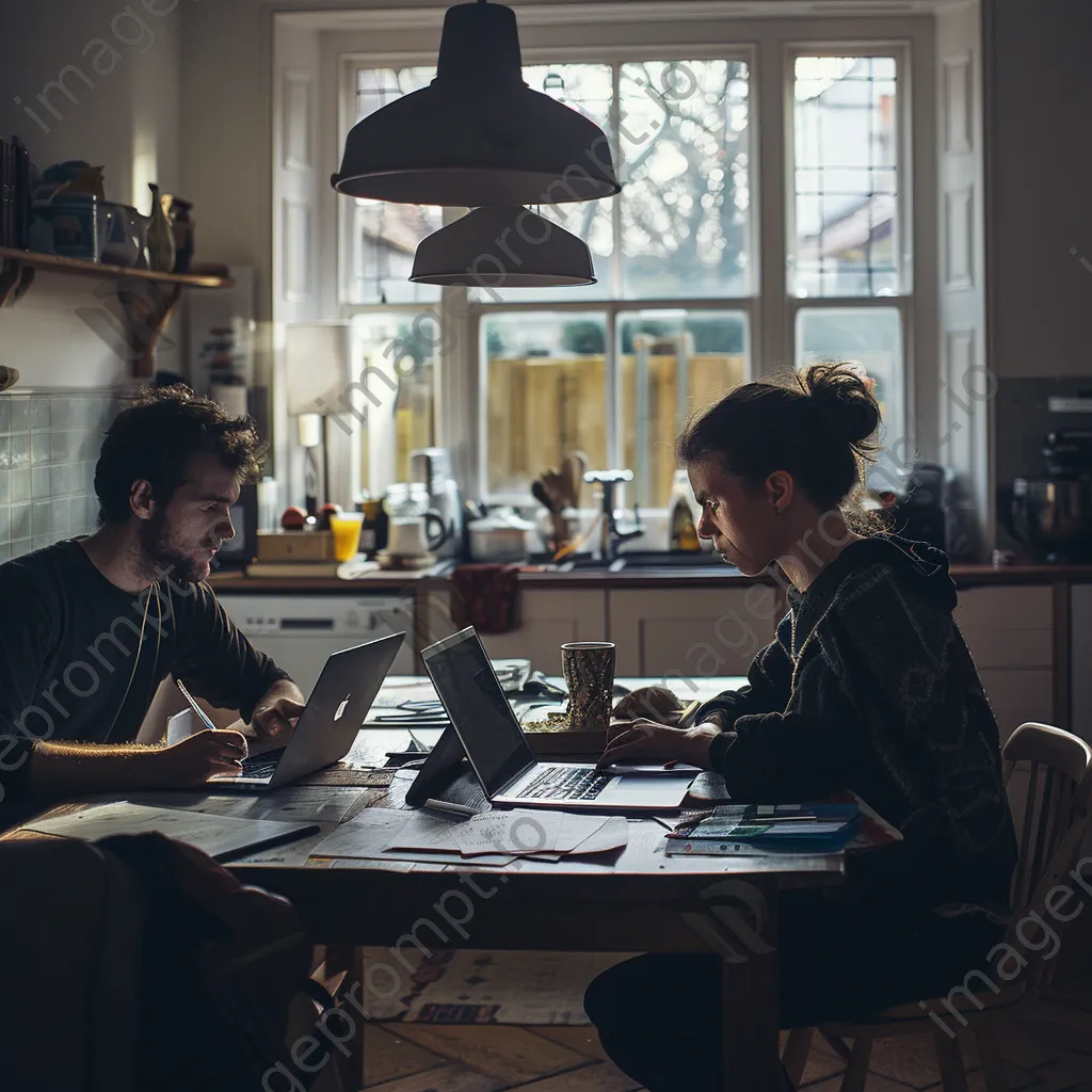 Couple discussing budget with laptop and papers in kitchen - Image 3