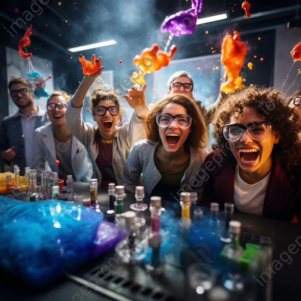 Students conducting a colorful science experiment in a laboratory with safety goggles. - Image 1