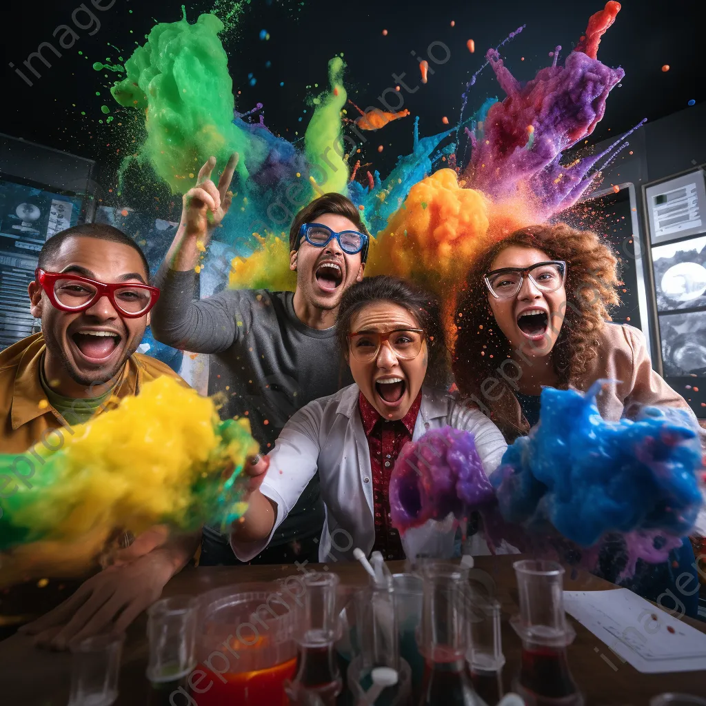 Students conducting a colorful science experiment in a laboratory with safety goggles. - Image 2