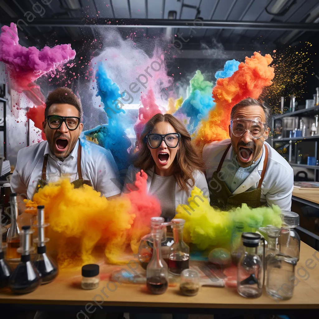 Students conducting a colorful science experiment in a laboratory with safety goggles. - Image 3