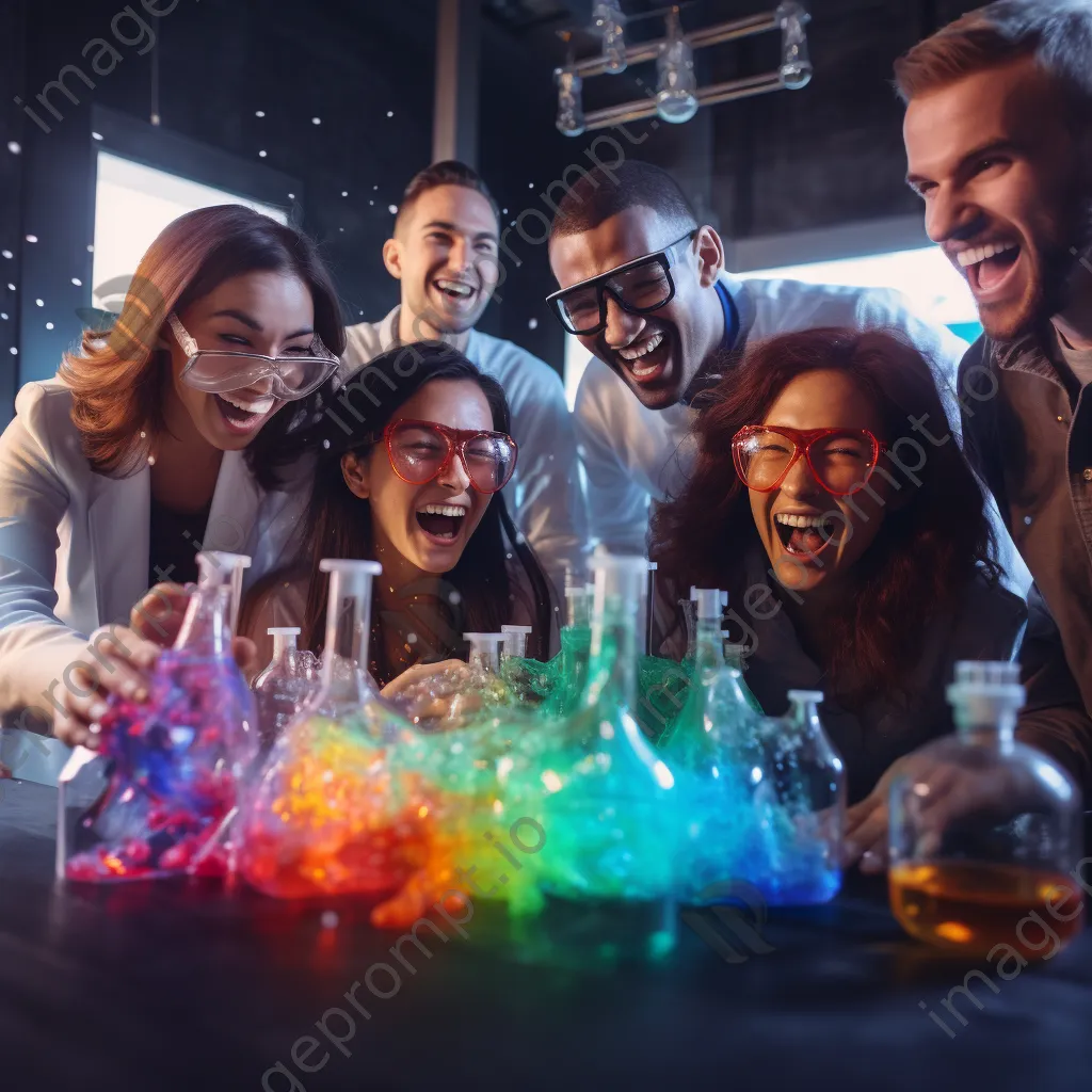 Students conducting a colorful science experiment in a laboratory with safety goggles. - Image 4