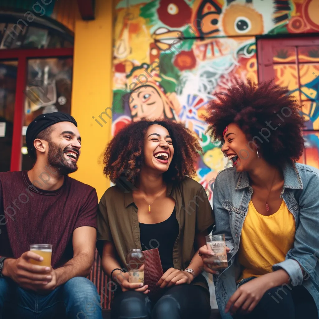 Diverse group of friends laughing at a cafe - Image 2