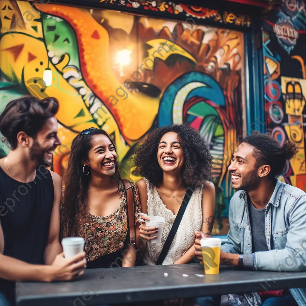 Diverse group of friends laughing at a cafe - Image 3