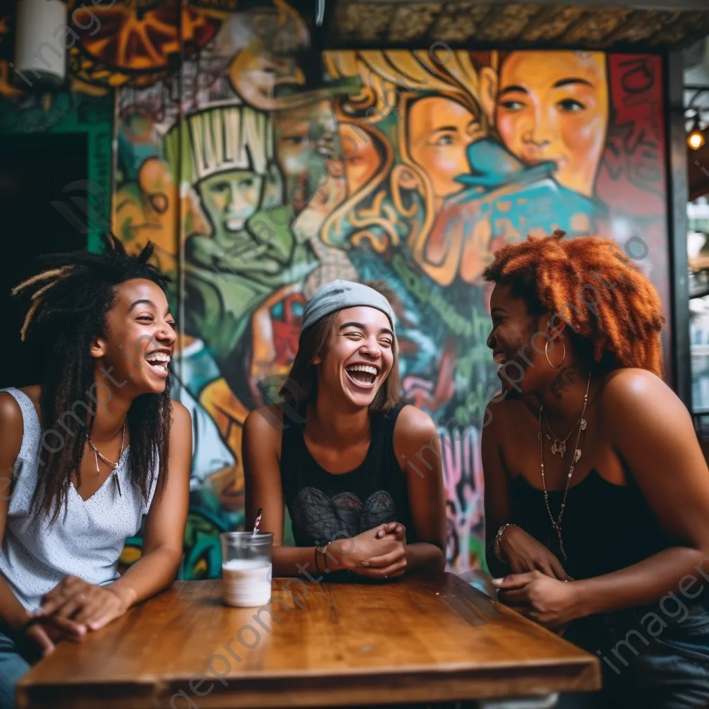 Diverse group of friends laughing at a cafe - Image 4