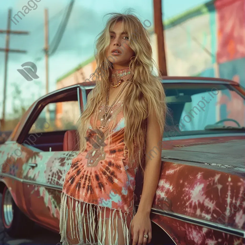 1960s hippie fashion tie-dye prints and fringe vests - Image 1