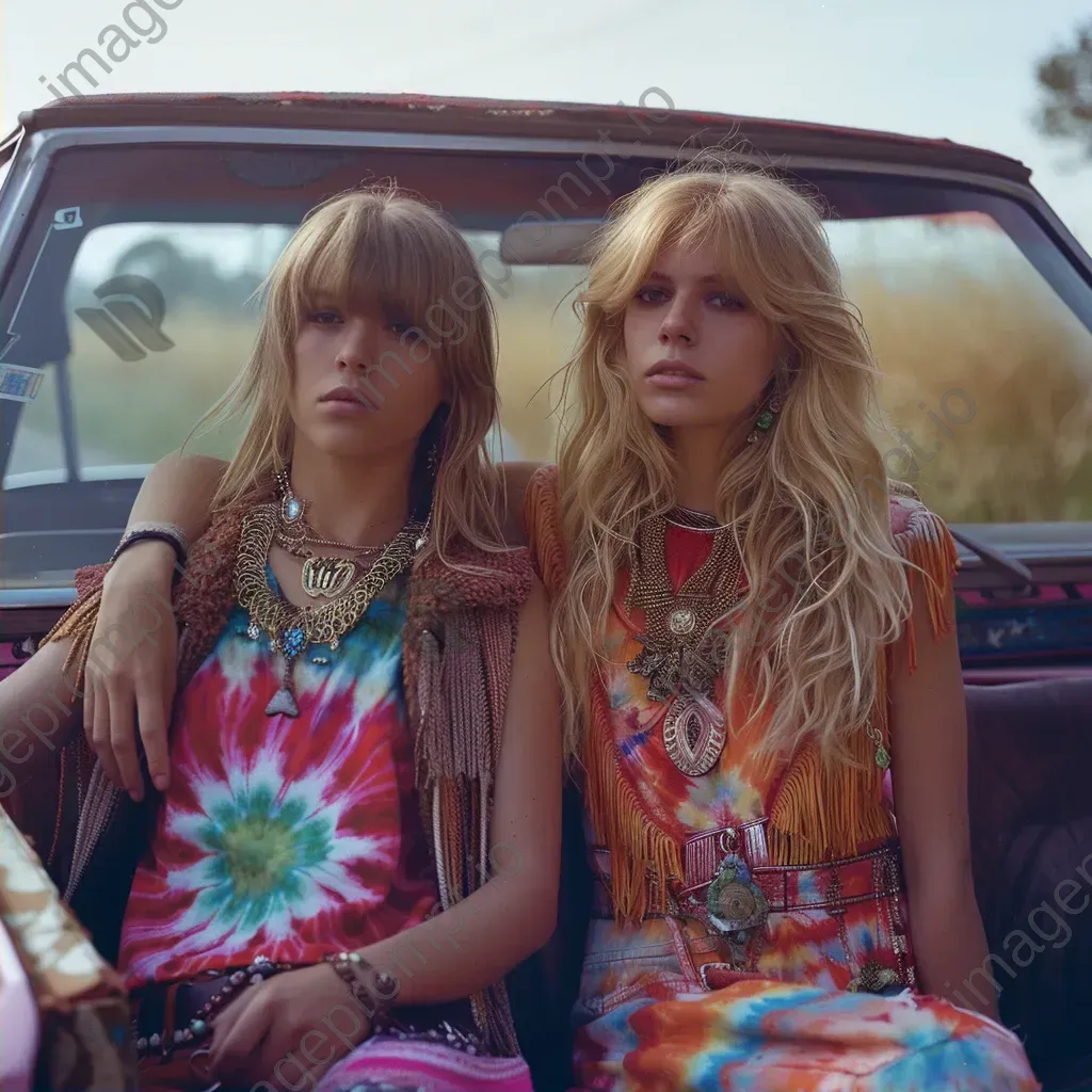 1960s hippie fashion tie-dye prints and fringe vests - Image 2