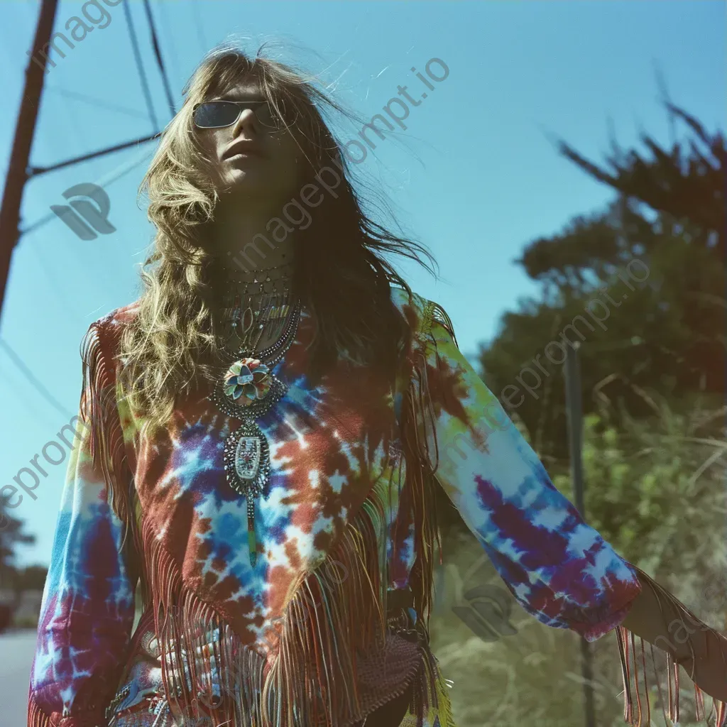 1960s hippie fashion tie-dye prints and fringe vests - Image 3