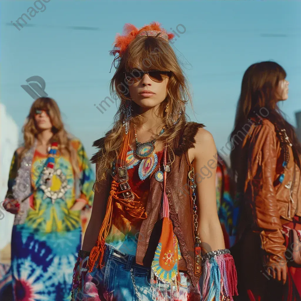 1960s hippie fashion tie-dye prints and fringe vests - Image 4