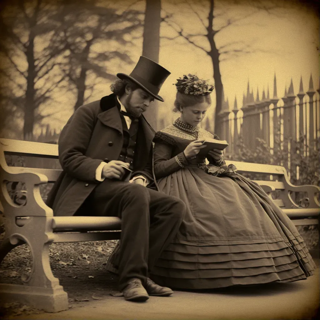 Couple on a park bench engrossed in their own e-books - Image 1