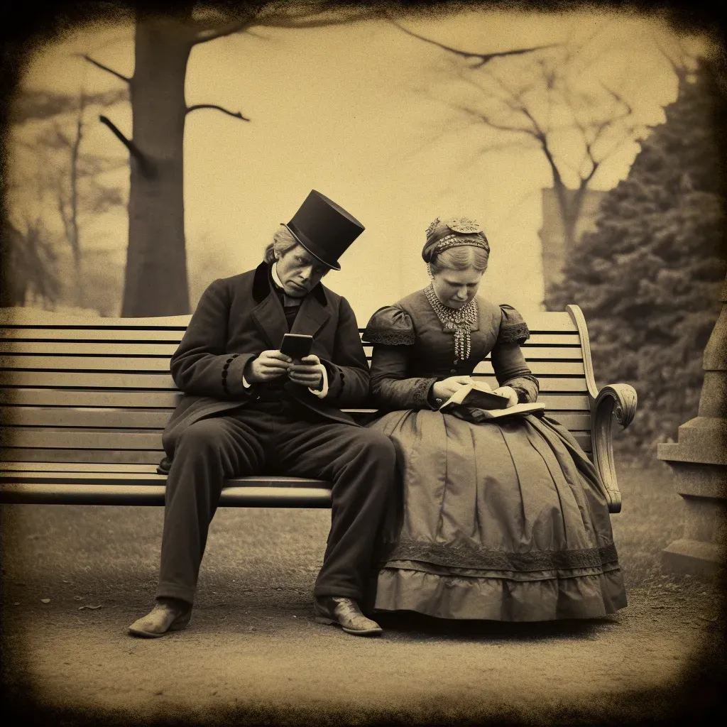 Couple on a park bench engrossed in their own e-books - Image 4