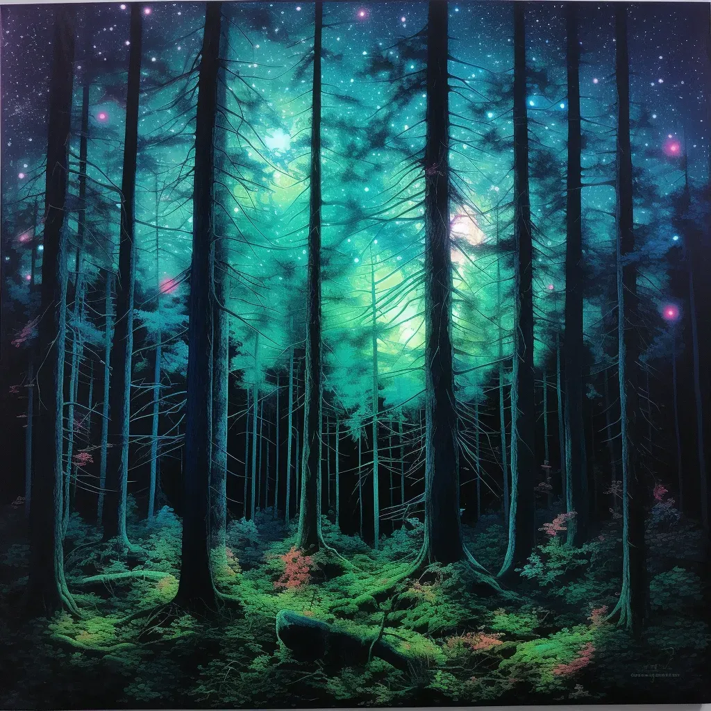 Neon forest with glowing trees under a starry night sky - Image 1