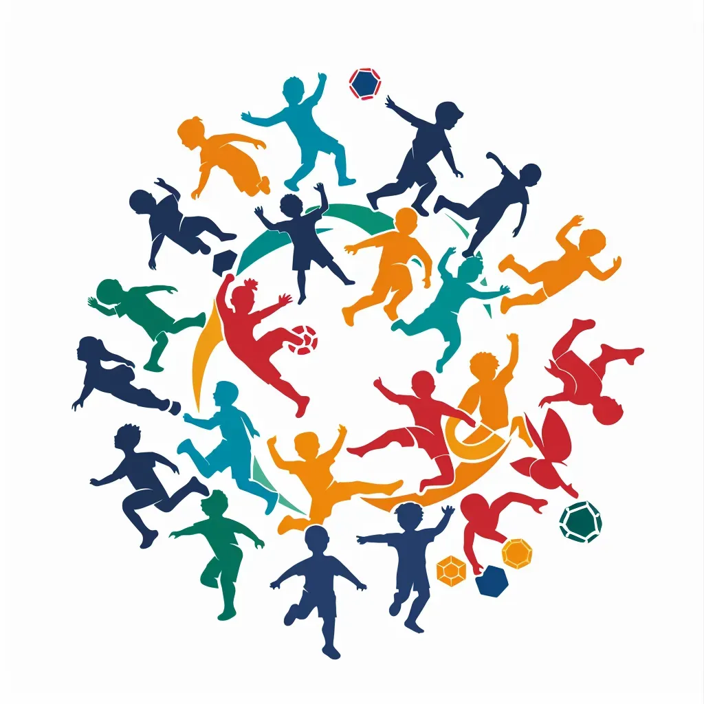 Logo with silhouettes of diverse children playing various sports, arranged in a circle, in bold colors. - Image 3