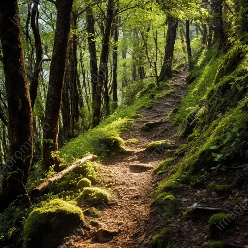 Mountain trail in dense forest with asymmetric trees on Nikon Z7 II - Image 1