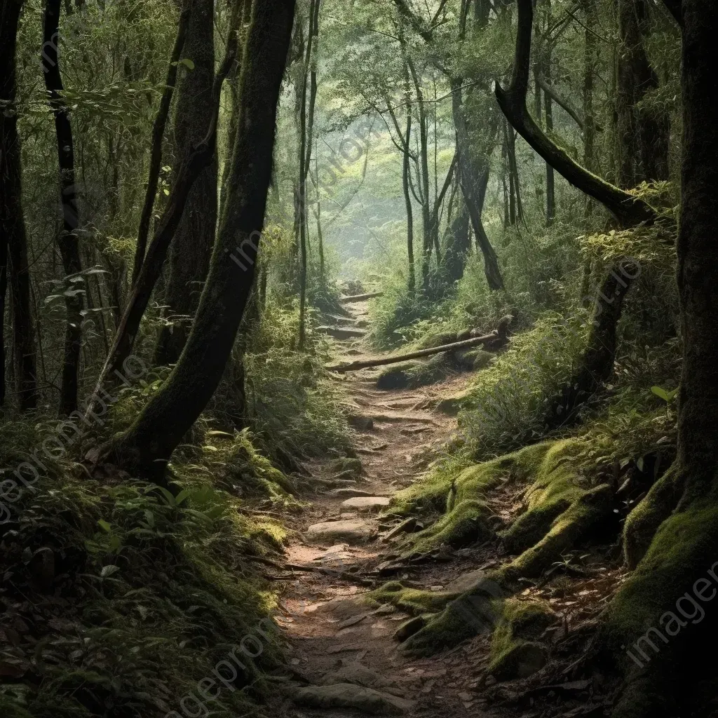 Mountain trail in dense forest with asymmetric trees on Nikon Z7 II - Image 4