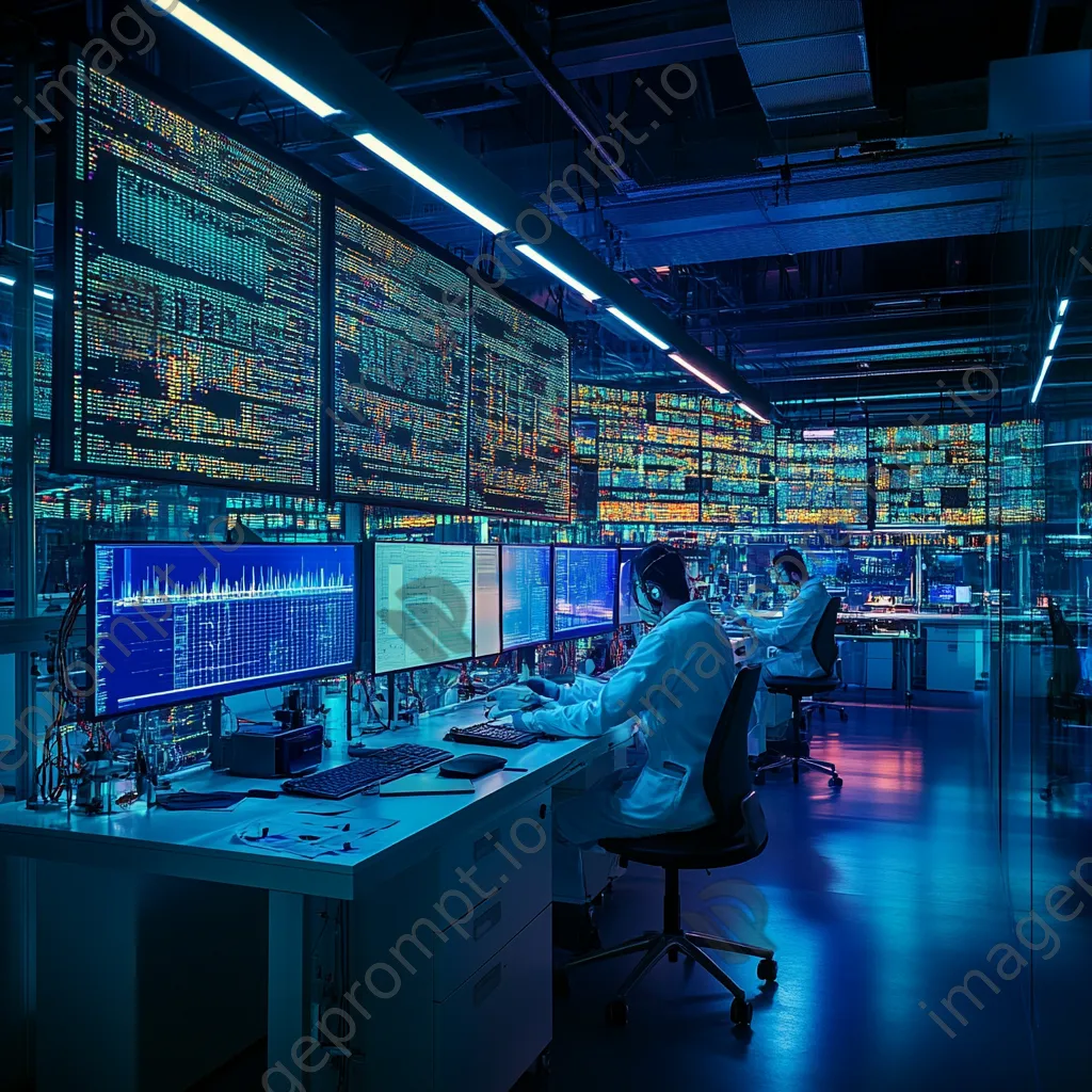 Tech lab scene with digital grids on screens and scientists, photographed with a Nikon Z6 II. - Image 1